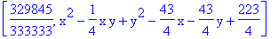 [329845/333333, x^2-1/4*x*y+y^2-43/4*x-43/4*y+223/4]